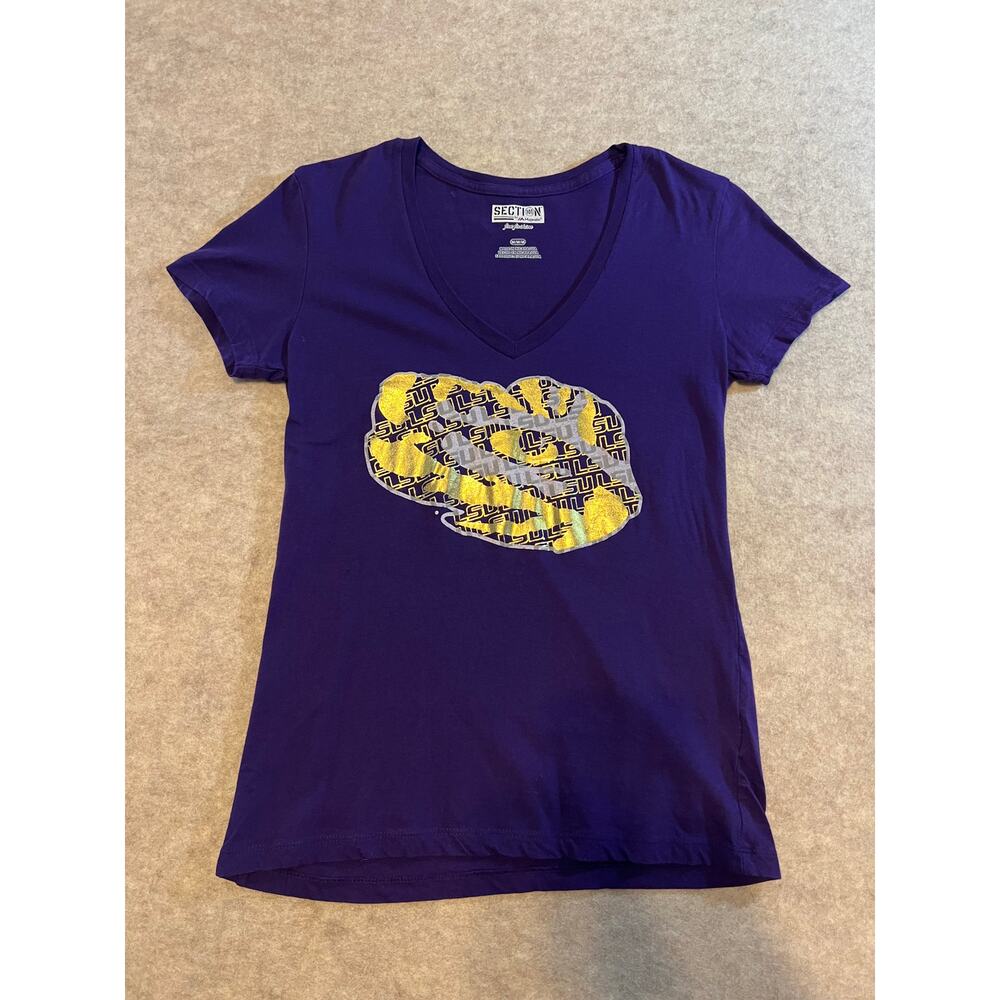 LSU Tigers Women's Purple V Neck Tshirt Section 101 Majestic Metallic Medium